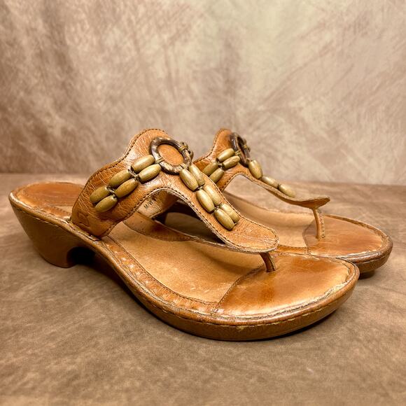 Born Low Heel Pump Wooden Beaded Sandals Strappy Leather Brown Boho Peasant Y2K - Picture 1 of 11